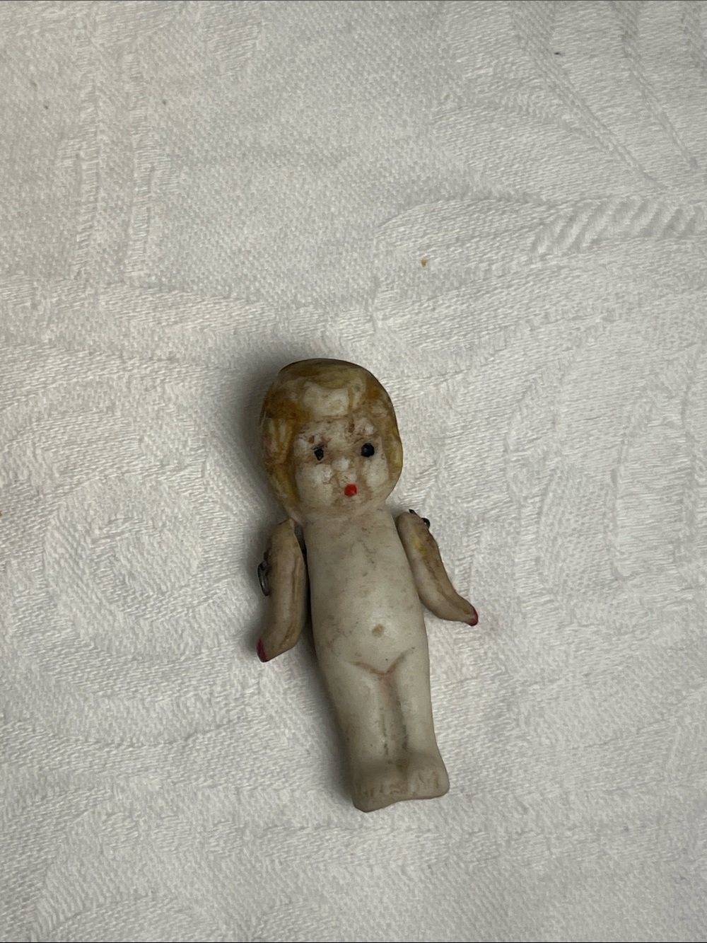 Antique Bisque Frozen Charlotte Doll - Blond Hair, Painted Face